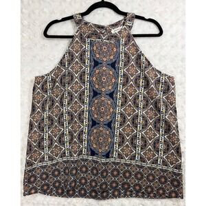 Monteau Los Angeles Women Size XL Navy Orange Boho Tile Print Halter Blouse